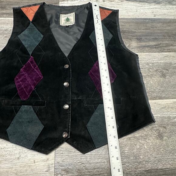 Vintage 90s Northwest‎ Territory Black Argyle Mens M Suede Leather Vest Western - Picture 7 of 9